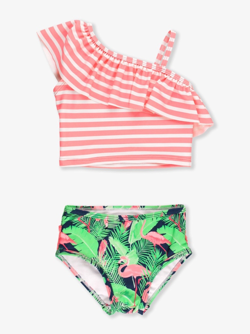 Ruffle Butts Pink Striped One-Shoulder Ruffle Bikini with Flamingo Print Bottoms